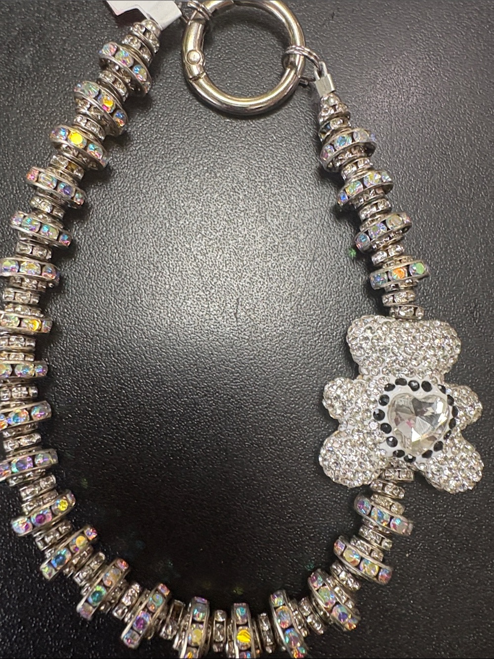 New 🩵 Silver Crystal Teddy Charm/Keychain/Bracelet W/Aurora Rhinestones